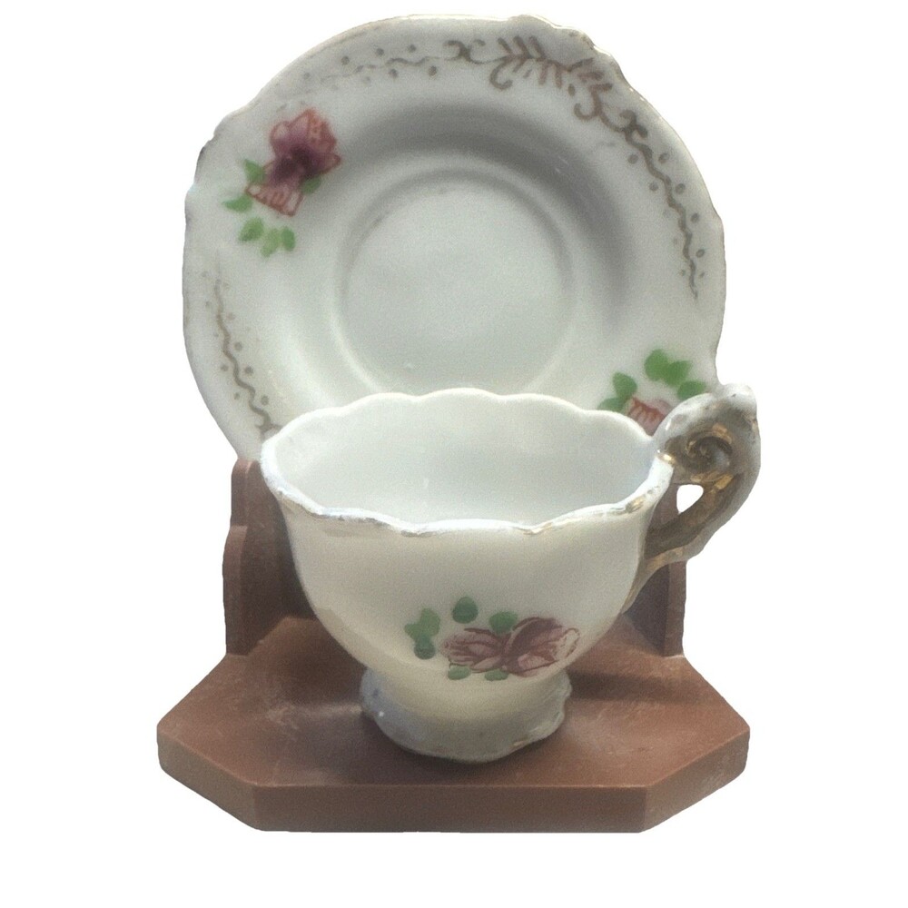 Miniature Vintage Cup &‎ Saucer Made In Japan Pinks Red Blue Flowers Gold Trim
